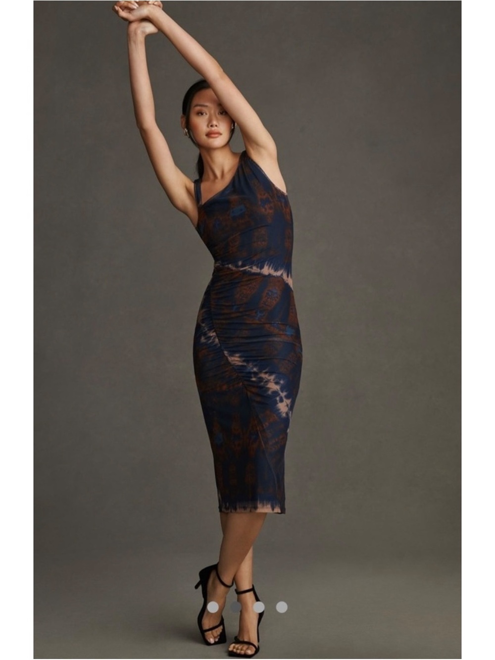 Anthropologie ||‎ Porridge Ruched Mesh Midi Dress Asymmetrical Blue Brown XXS